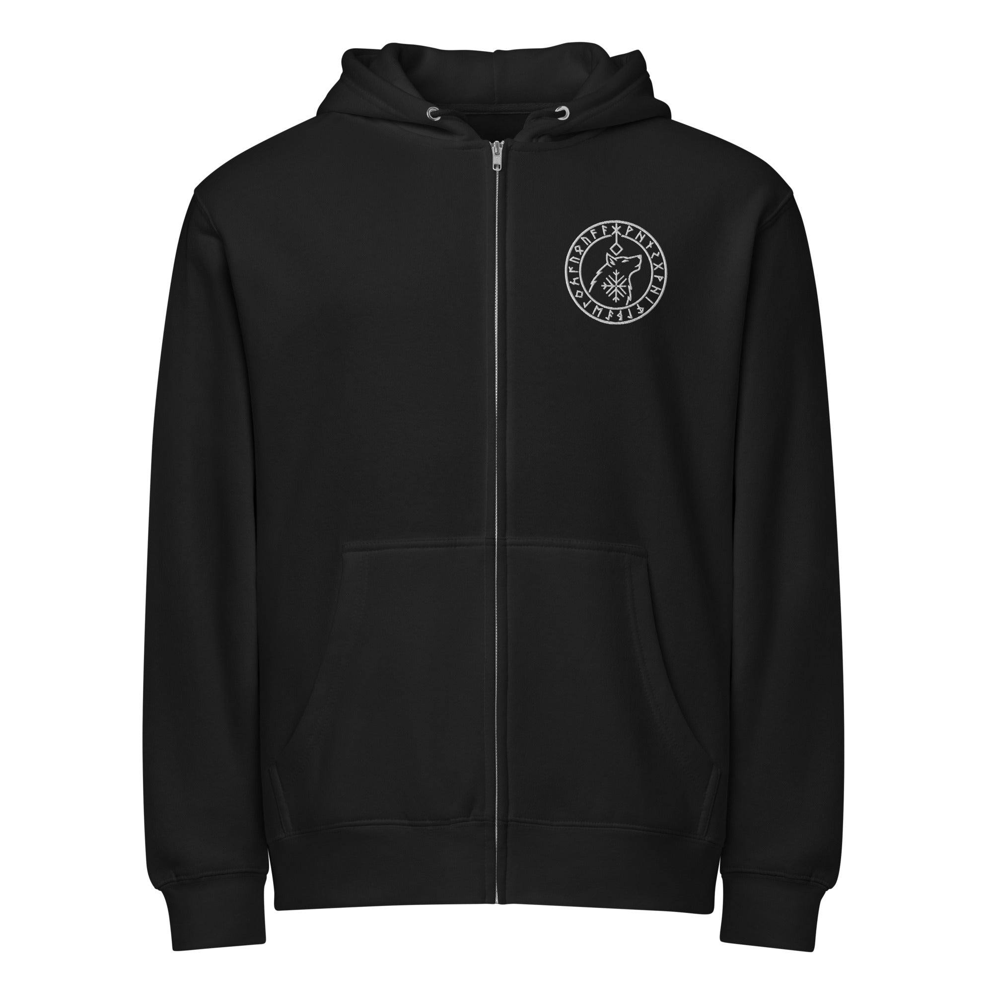 Nordic Wolf Bindrune Hoodie – Tiwaz • Algiz • Fehu Crest